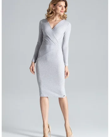 Rochie midi  gri, maneci lungi, 65% viscoza, 30% poliester, 5% elastan