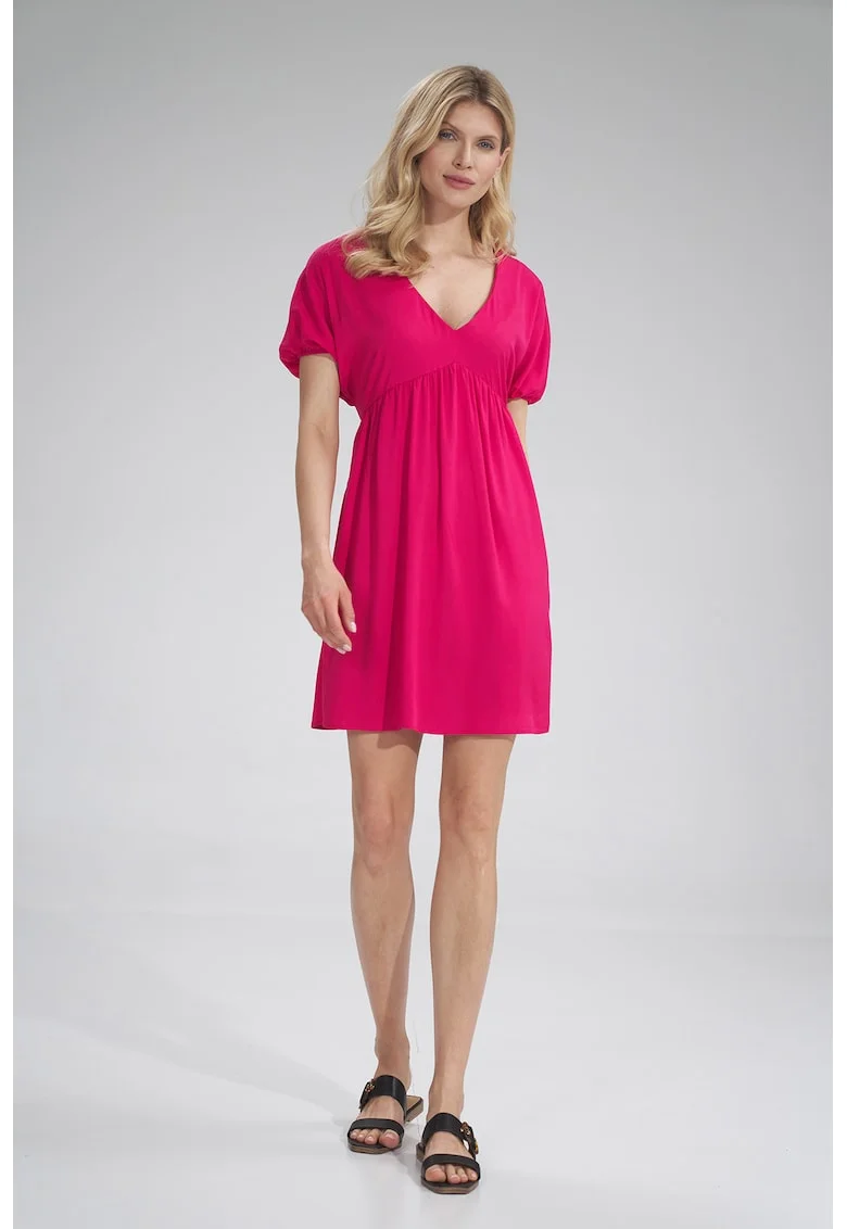 Rochie mini,  decolteu in V, viscoza, roz