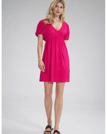 Rochie mini,  decolteu in V, viscoza, roz