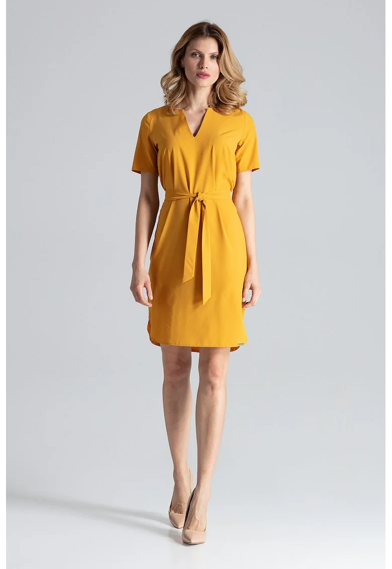 Rochie midi mustar  galben, maneci scurte, poliester,