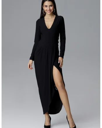 Rochie maxi eleganta neagra,  decolteu in V, maneci lungi, poliester,