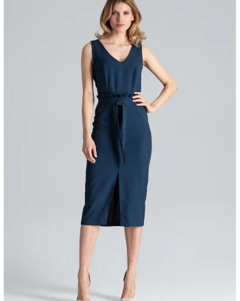Rochie midi  bleumarin, decolteu in V, poliester