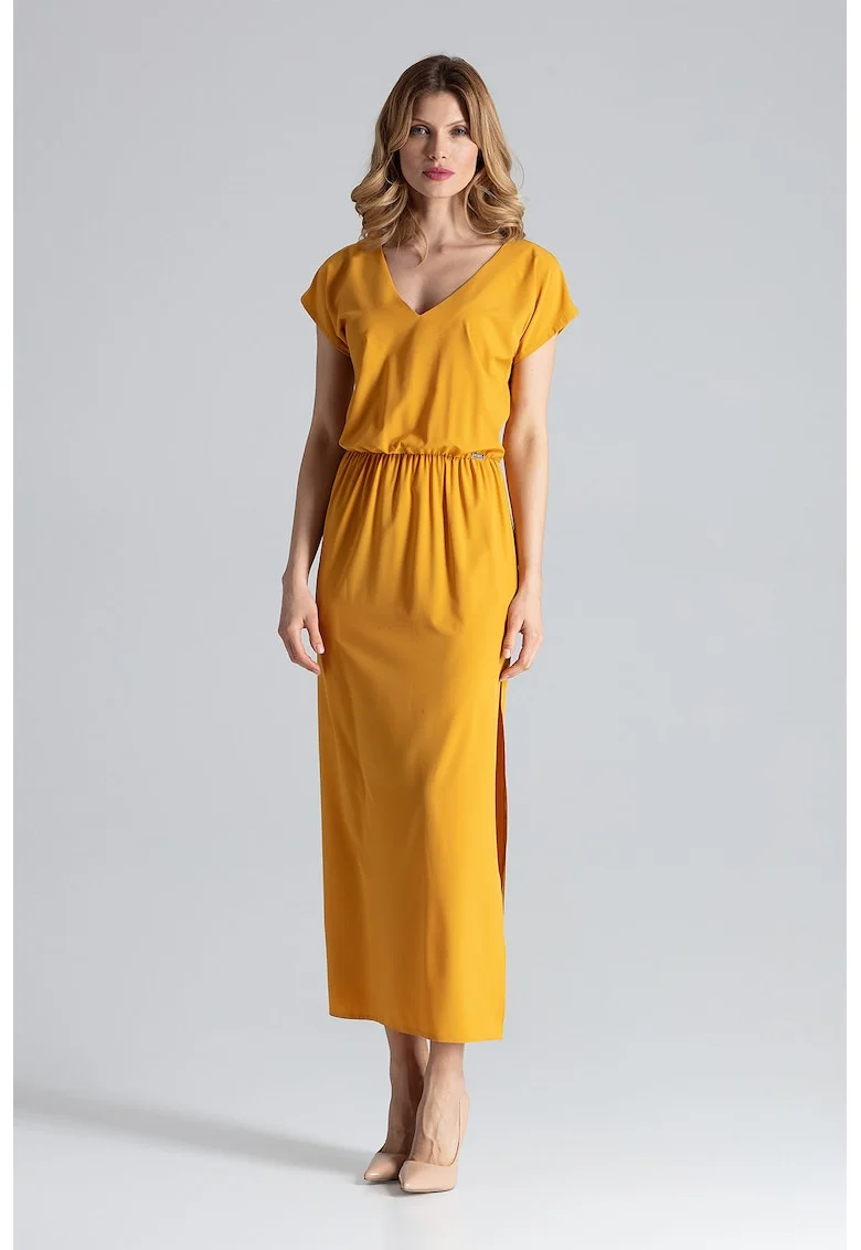 Rochie maxi  galbena, eleganta, cu fanta, perfecta pentru vara, poliester