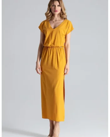 Rochie maxi  galbena, eleganta, cu fanta, perfecta pentru vara, poliester