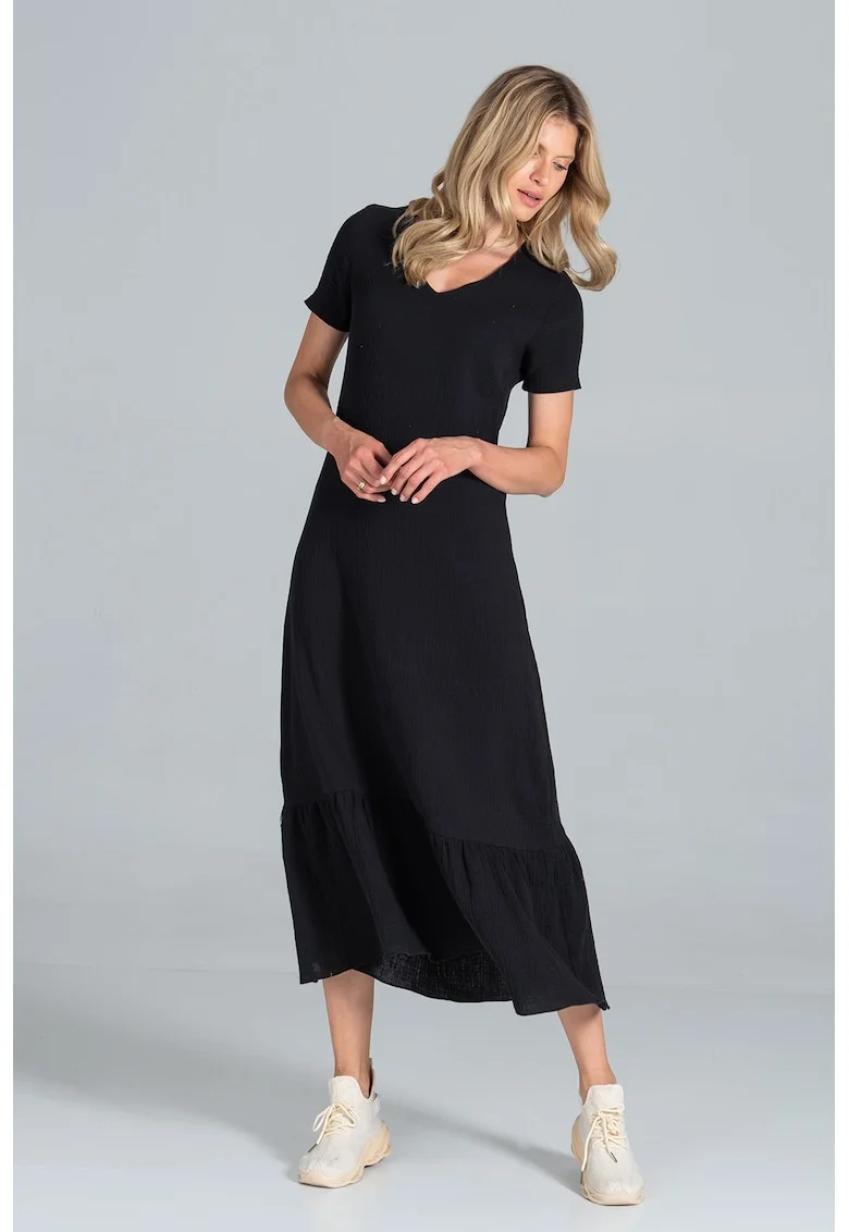 Rochie midi,  neagra, cu maneci scurte, bumbac