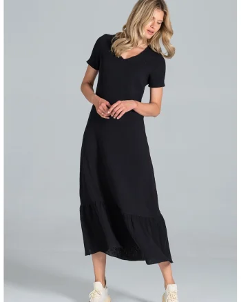 Rochie midi,  neagra, cu maneci scurte, bumbac