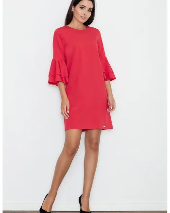 Rochie  rosie, cu maneci volan, din material usor, poliester