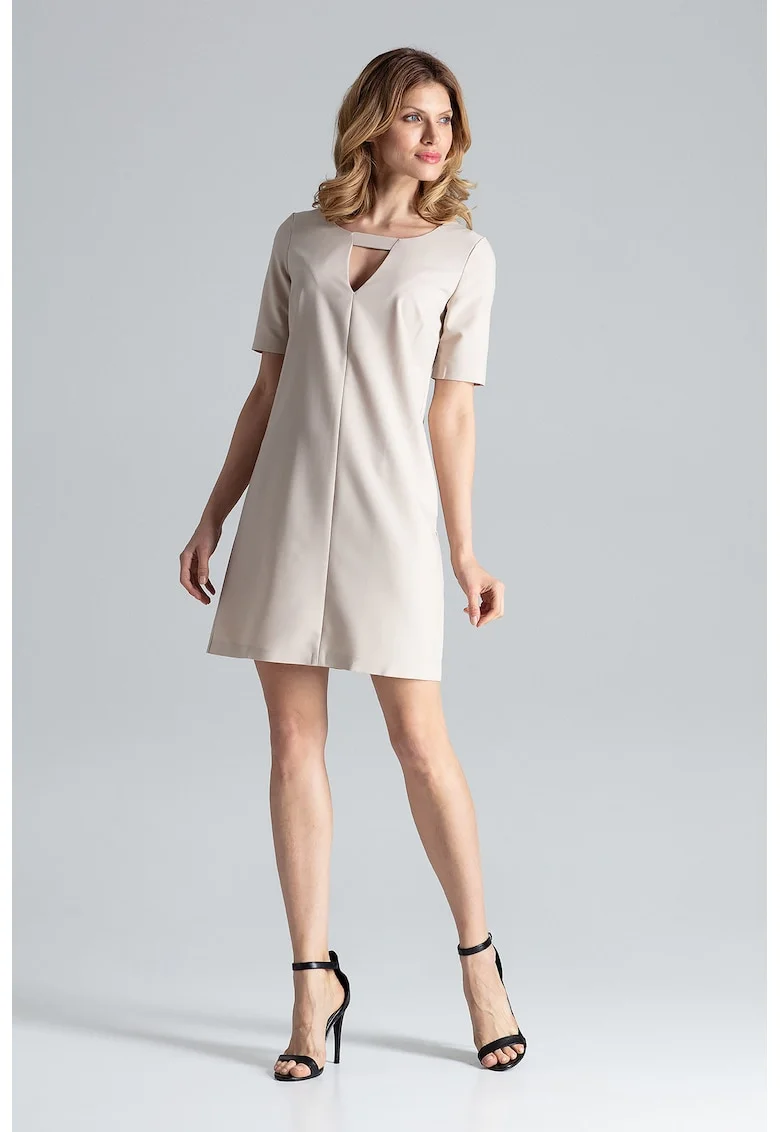 Rochie mini  bej, eleganta, decolteu decupat, poliester