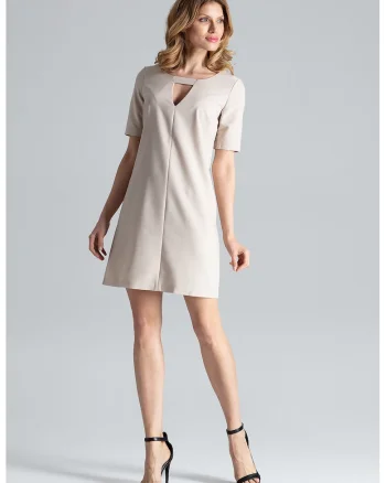 Rochie mini  bej, eleganta, decolteu decupat, poliester
