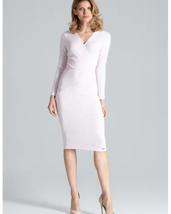 Rochie midi,  maneci lungi, decolteu cu coaste, roz, viscoza