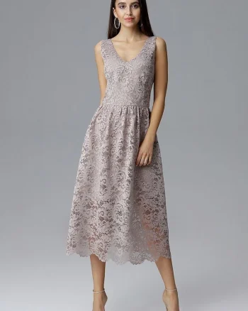 Rochie de seara  lunga 7/8, dantela, decolteu frumos, bej, poliester-elastan,