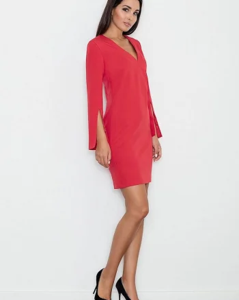 Rochie  eleganta, croiala dreapta, maneci cu fante, rosu, poliester-viscosa