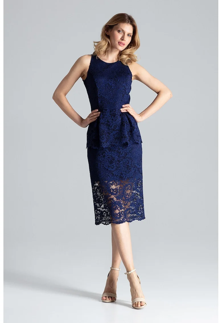 Rochie midi,  dantela, bleumarin, poliester,