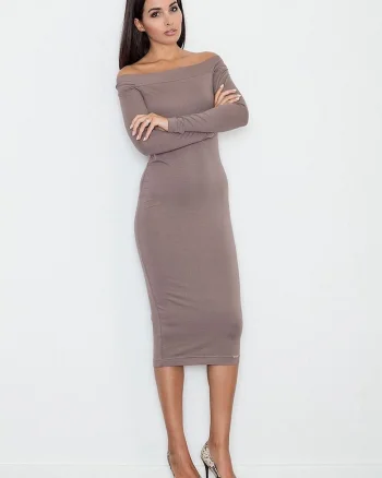 Rochie  mulata, pana la genunchi, fara buzunare, culoare maro, viscoza