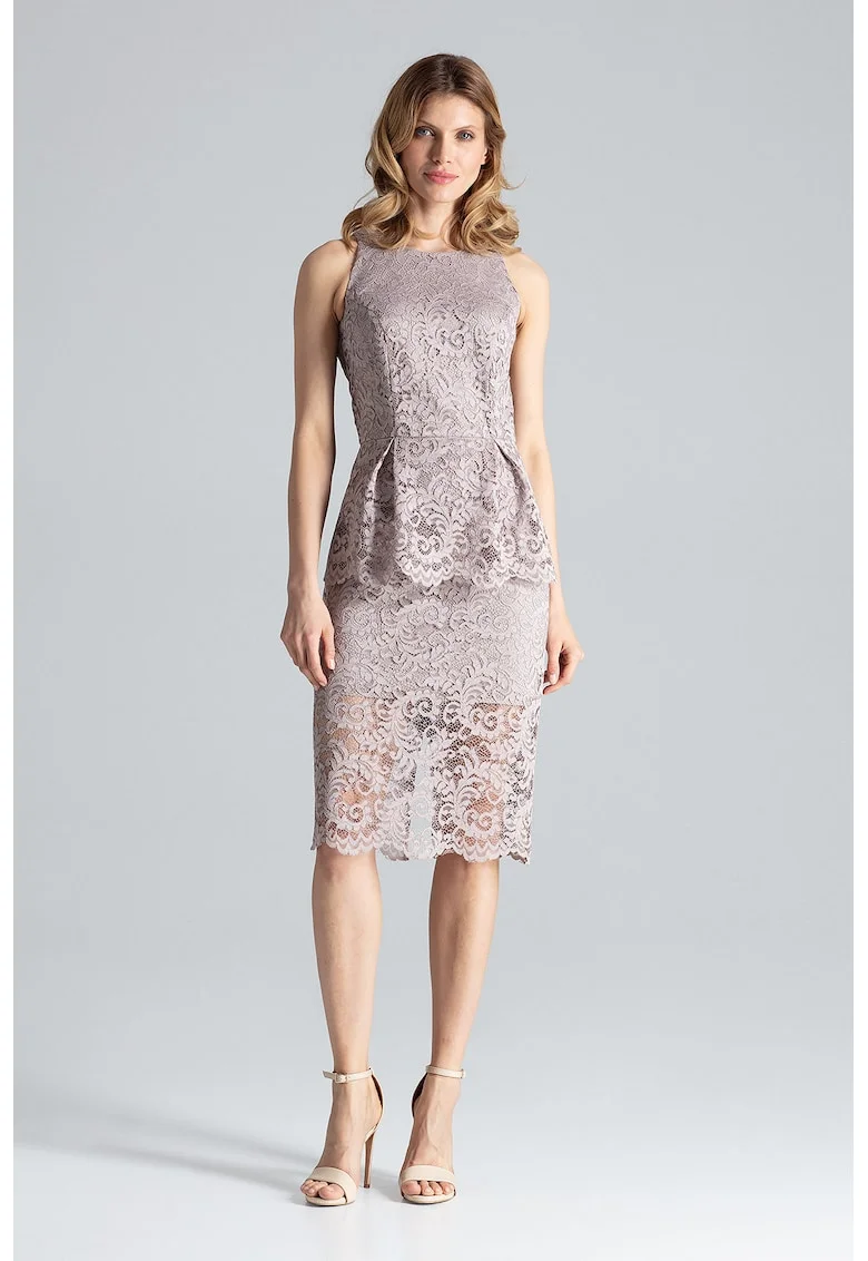 Rochie midi,  dantela, bej, poliester,