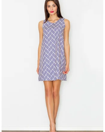 Rochie trapez  model geometric, poliester, albastru, alb,