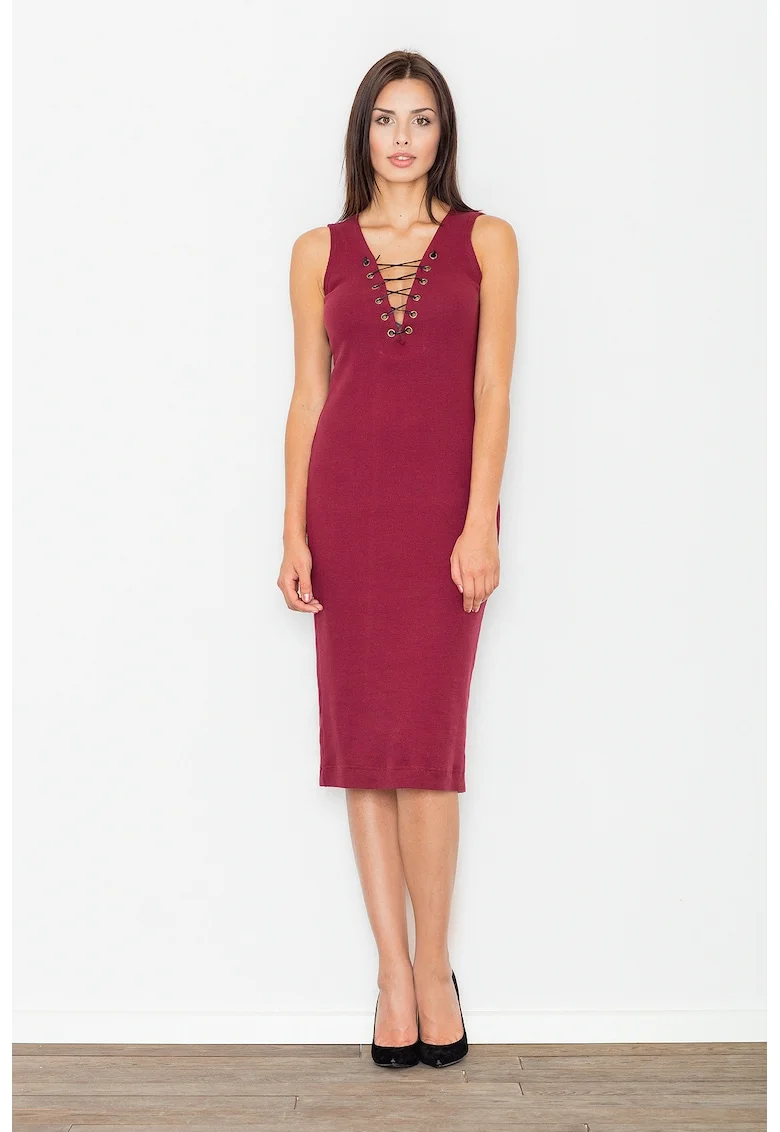 Rochie midi  M487, rosu, bumbac, cu decolteu ajustabil,