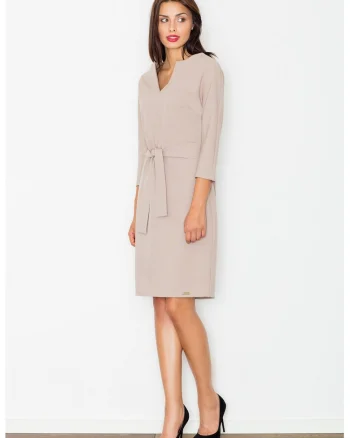 Rochie  eleganta, bej, cu curea, decolteu in V, poliester