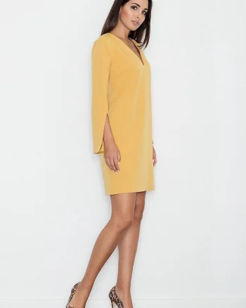 Rochie  eleganta, croiala dreapta, maneci cu fante, galbena, poliester-viscoza