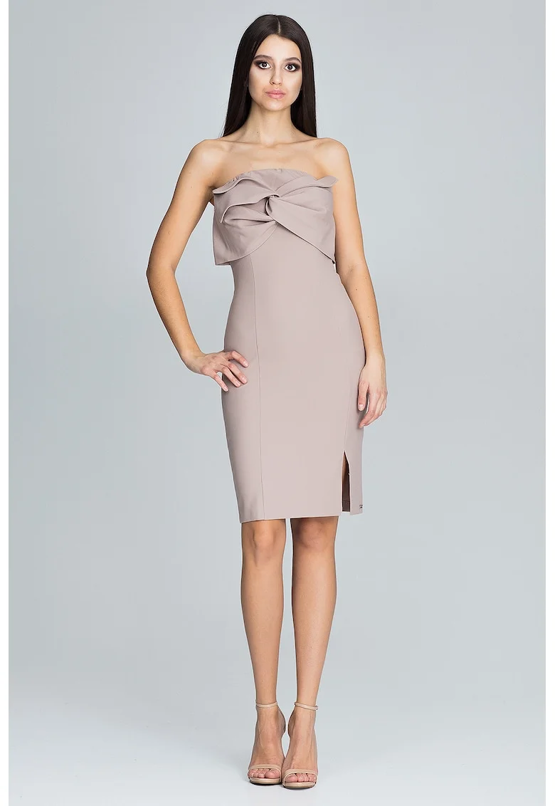 Rochie de seara  eleganta, fara bretele, bej, cu fundita, poliester