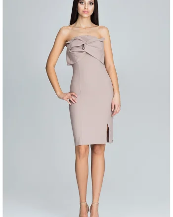 Rochie de seara  eleganta, fara bretele, bej, cu fundita, poliester