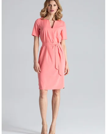 Rochie midi  M669 Koral, roz, poliester, maneca scurta