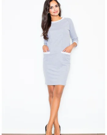 Rochie  bumbac, maneca lunga, gri,
