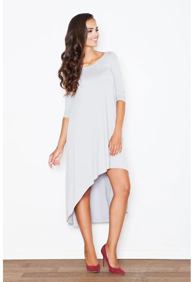 Rochie asimetrica  gri, cu maneci lungi, viscoza
