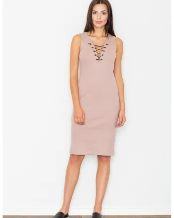 Rochie creion  M487, roz, bumbac, decolteu in V, lungime midi