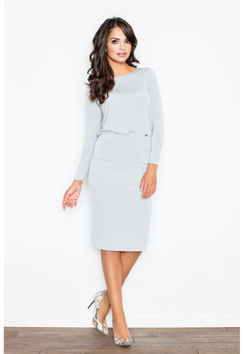 Rochie  M326, eleganta, fluida, gri, poliester, cu fanta la spate