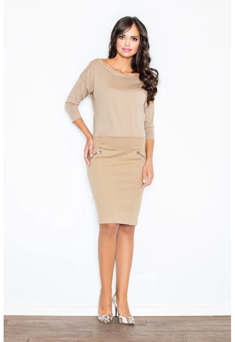 Rochie  decolteu barca, bej, eleganta, bumbac