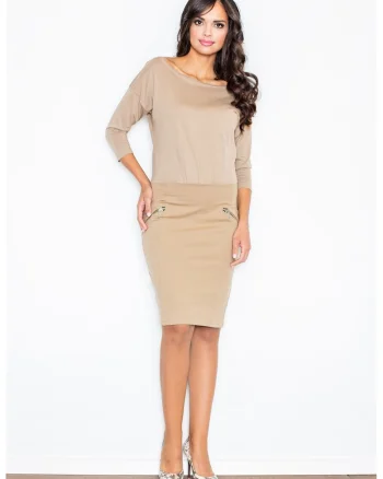 Rochie  decolteu barca, bej, eleganta, bumbac