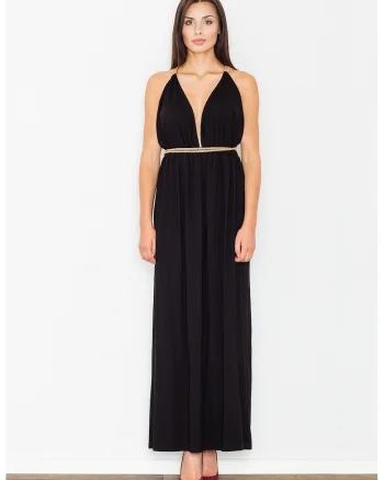 Rochie maxi,  M483, decolteu in V, spate deschis, neagra, viscoza