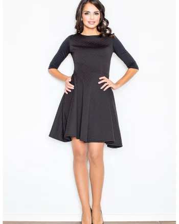 Rochie midi evazata  neagra, maneci 3/4, poliester 95% elastan 5%
