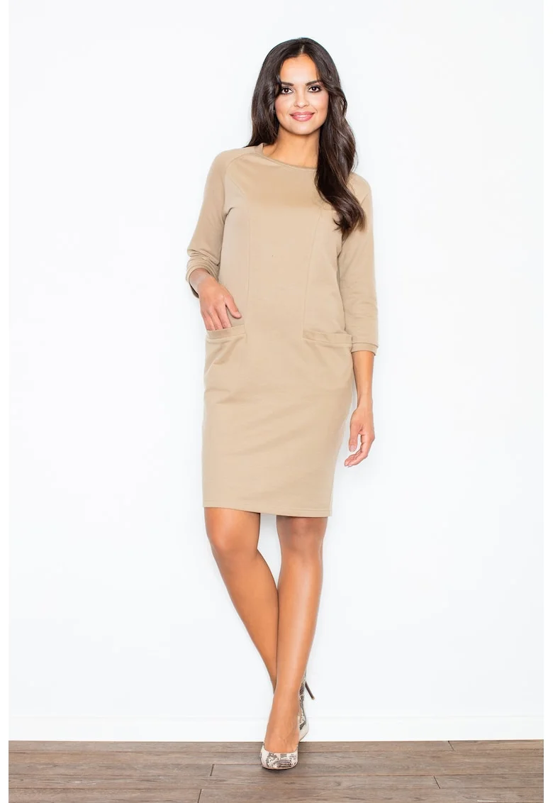 Rochie  M205, bumbac, bej, maneca lunga, cu buzunare,