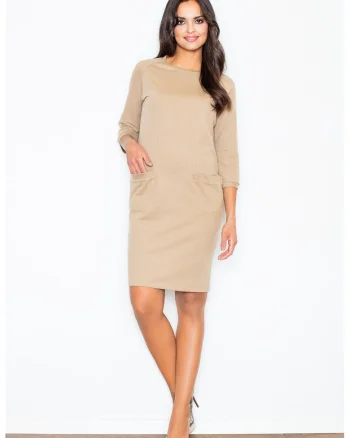 Rochie  M205, bumbac, bej, maneca lunga, cu buzunare,