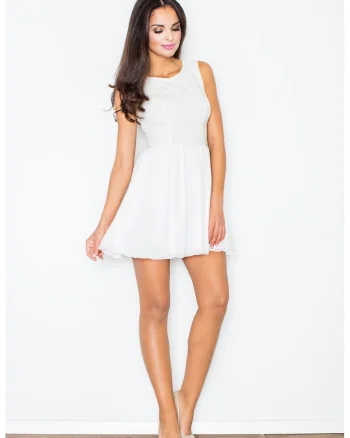 Rochie evazata  M112, ecru, poliester, decolteu rotund, fara maneci