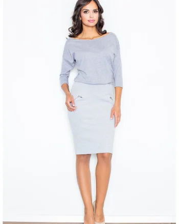 Rochie  decolteu barca, gri, eleganta, bumbac,