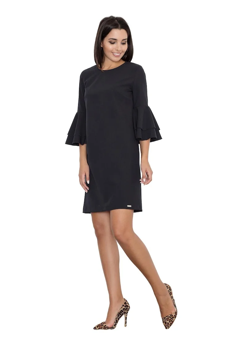 Rochie neagra  M564, cu volane, maneci 3/4, poliester/viscoza, negru