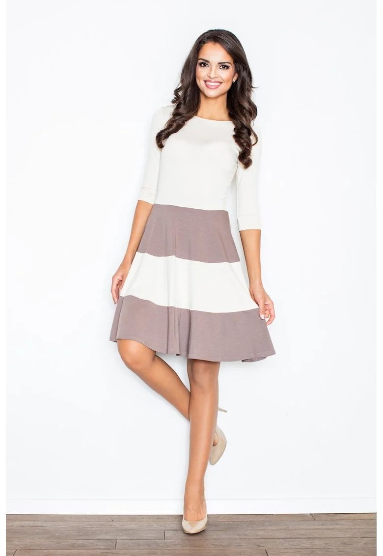 Rochie midi casual  M279, evazata, maneci 3/4, maro, viscoza 95%,