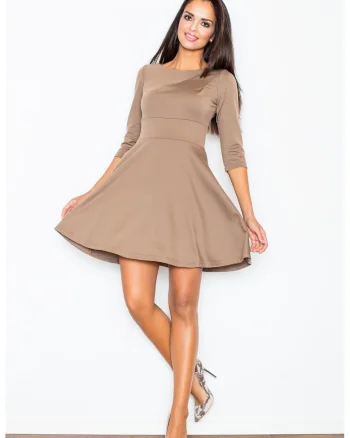 Rochie midi  evazata, decupata sub bust, maro, poliester
