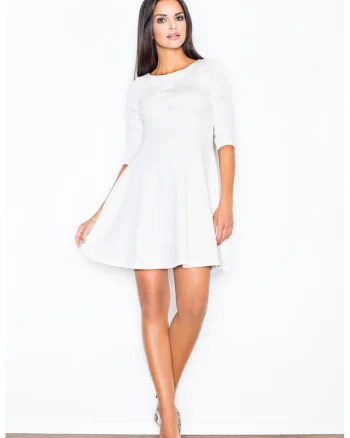 Rochie midi  evazata, decupata sub bust, alb, poliester,