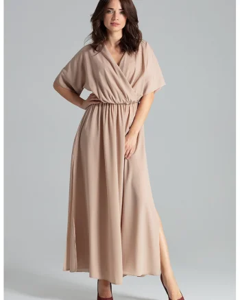 Rochie lunga  L055, eleganta, cu talie elastica, bej, poliester 100%
