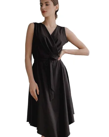 Rochie midi,  Negru, Fara maneci, Cu curea decorativa, Poliester/Elastan