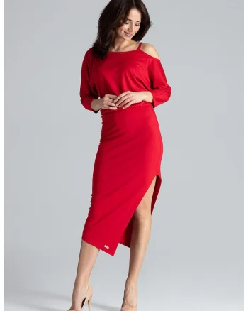 Rochie mulata  K479, asimetrica, rosu, poliester, elastan, viscoza,