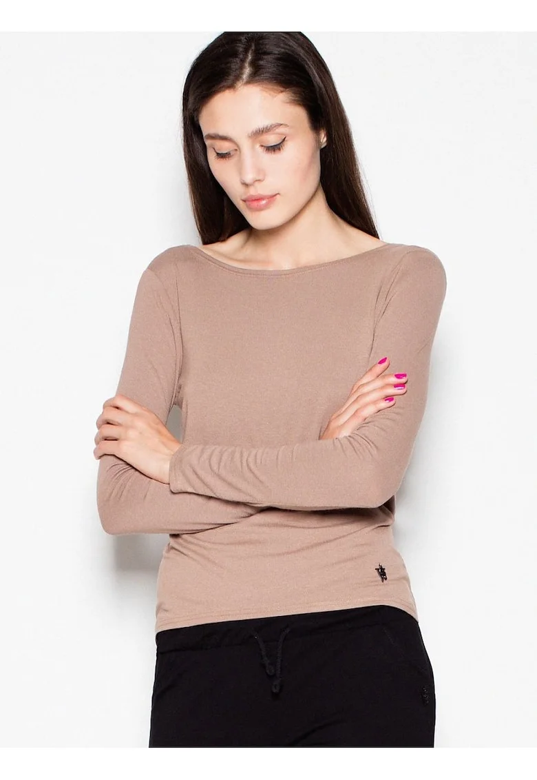 Bluza dama,  scurta, cu maneci lungi, decupaj spate, culoare bej, material viscoza