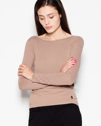 Bluza dama,  scurta, cu maneci lungi, decupaj spate, culoare bej, material viscoza