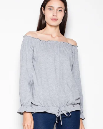 Bluza dama  gri, bumbac, maneca lunga, model lejer cu pliuri