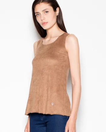 Bluza dama,  piele intoarsa, decolteu semicircular, maro, poliester