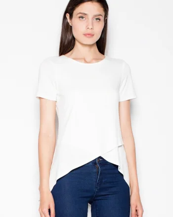 Bluza dama  asimetrica, fata pliata, spate mai lung, bej, viscoza,
